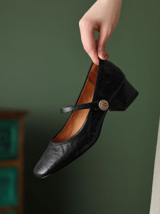 Comfortable mid Heel Mary Jane Shoes for Mothers Leather Fashion Single Shoes with Metal Buckle Korean Style round Head Shoes
