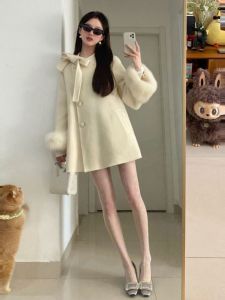 Áo khoác CHANGTONG len dài vừa phải phong cách Pháp dáng rộng cài nút xuân thu