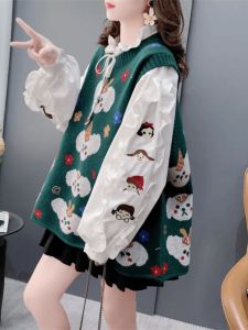 Large Size Knitted Floral Embroidery Vest Top Womens Spring Autumn Sleeveless round Neck No Button Plant Floral Pattern