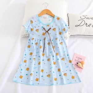 Cute Cat And Bear Print Cotton Pajama Skirt for Girls Thin Knitted Short Sleeve Summer Home Wear Comfortable Breathable Kids Clothing