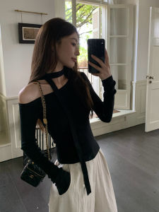 Áo Len Dệt Kim Màu Đen Cho Nữ Cổ Treo Hở Vai Ôm Vừa Vặn Áo Lót Phong Cách Hàn Quốc Chất Liệu Polyester Dài Tay Cổ Chữ V