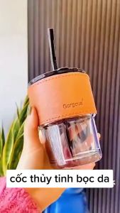 Cốc Thủy Tinh Bọc Da Có Nắp Kèm Ống Hút Thủy Tinh 400ml - Ly Thủy Tinh Bọc Da Chịu Nhiệt Hổ Phách đẹp mắt