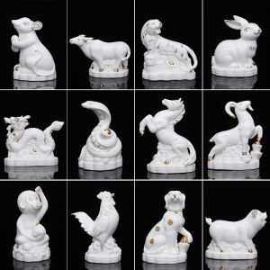 Small Ceramic 12 Zodiac Decoration Mouse Ox Tiger Dragon Rabbit Snake Horse and Sheep Monkey Chicken Dog Pig Bring In Wealth and Treasure Feng Shui and Home Protection Amulet