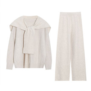 Chen DaYu Lazy Style Knitted Three-Piece Set Womens Autumn Winter Casual Wear Complete Shoulder Wrap Sweater Wide Leg Pants