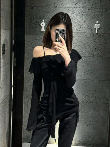 BINKAFENNY | Korean Style Long Sleeve Black One Shoulder Knitted Sweater Womens Slim Fit Design Sensual Pleated Edge Summer Top