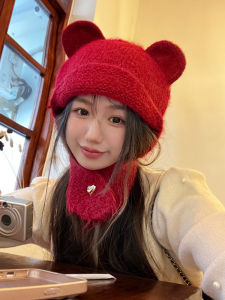 น่ารัก หูหมี ขนสัตว์ หมวก ผู้หญิง ฤดูใบไม้ร่วง ฤดูหนาว สีแดง อุ่น หมวกป้องกันหูหน้า พรางหุ่น สไตล์ปีกสั้นทรงกลม เสื้อท่อนบน
