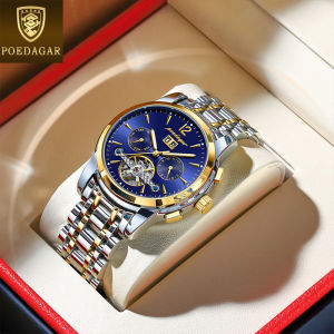 POEDAGAR automatic mechanical watch for men waterproof original luxury stainless steel tourbillon hollow date calendar watch blue
