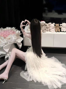 Elegant French Style Ballet Dress Womens Spring Autumn White Lace Strap Long Dress Pure Desire Sensation Ladylike Quality