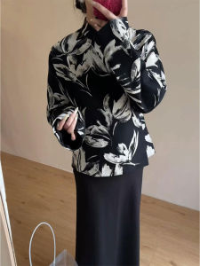 YUFUQING | New Chinese Style Retro Black Print Jacket Womens Spring New Arrival Anti-Aging National Trend Top Long Sleeve Polyester Fiber