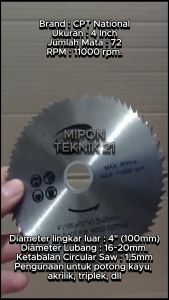 CPT NATIONAL Mata Gerinda 4\\\" x 72 T Pisau Gergaji Potong Kayu Triplek Akrilik