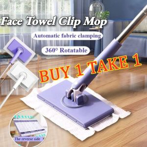 Towel Mop 360° Rotation Flat Mop Towel/Tissue Self-Absorbing Mop Dry/Wet Wiping Cloth Floor Mop Smart Mop 360 Rotating Lengthen Flat Mop Free Hand Washing Flat Mop Cleaner Lazy Household Cleaning