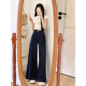 Quần Jeans Ống Rộng Cạp Cao Màu Xanh Cổ Điển Cho Nữ Quần Dài Dài Đến Sàn Cạp Thấp Cạp Cao Quần Jeans Thường Ngày Cho Nữ