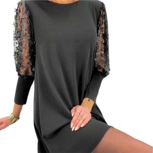 ชุดเดรสทรงหลวมคอวีสีพื้นหรูหราสำหรับงานปาร์ตี้ในฤดูร้อน กระโปรงสั้นแขนสั้นผ้าโพลีเอสเตอร์ ความยาวปานกลาง