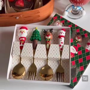 Christmas Spoons and Forks Set Cute Fruit Forks Childrens Christmas Gifts Santa Claus Round Spoon