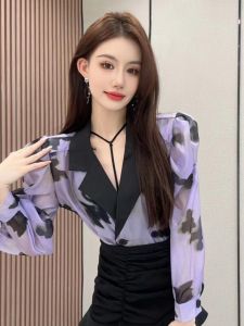 เสื้อเชิ้ตผู้หญิงสไตล์ฝรั่งเศสย้อนยุค ทรงหลวม ปกสูท แฟชั่นฤดูร้อน เสื้อคลุมกันแดด แขนยาว ปกติ คอวี เสื้อผ้าทำงานสไตล์เกาหลี