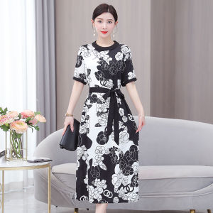 Impression Fashion Store Women Elegant Short Sleeve Print Loose Cutting A-line Midi Dress