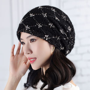 Womens Spring Autumn Diamond Embellished Mesh Headscarf Hat Shopping Street Decoration Chemotherapy Cap round Top No Brim Hat