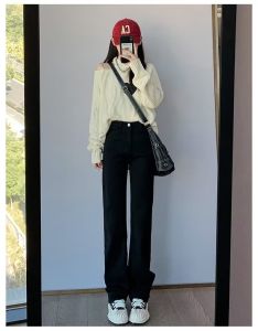 Casual All-Matching Wide Leg Denim Womens Spring and Autumn Retro Dark Blue Loose Slimming and Straight Mop Pants Tide