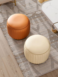 Luxurious Leather round Stool Home Use Shoe Changing Sofa Stool Modern Simple Living Room Multi-functional Solid Wood Low Stool