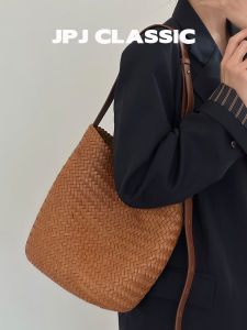 jpj | Handcrafted Bucket Tote Bag Womens Single Shoulder Crossbody Vacation Casual Top Layer Cowhide Woven Leather Handbag