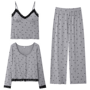 MiiOW | ชุดนอนผู้หญิง Catman Pure Cotton 2025 Spring Autumn ชุดสามชิ้นสายเดี่ยว ชุดอยู่บ้านไซส์ใหญ่ สไตล์เรียบง่าย เอวสูง แขนยาว