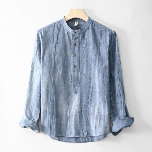 Chinese Style Stand Collar Long Sleeve Cotton Linen Shirt Men Summer Thin Folded Sense Linen Shirt Vintage Cotton Linen Shirt