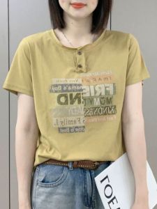 Cotton Short Sleeve T-Shirt Womens Printed Letter Casual round Neck Slimming Top Trendy Versatile Summer New Arrival