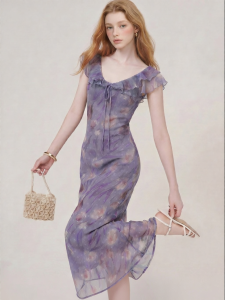 Purple V-neck Sleeveless Dress Tulip Print Ruffle Summer Style