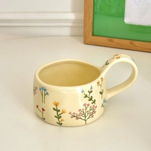 Cream Yellow Ceramic Mug Korean Style Cute Flower Pattern Coffee Cup Hand Pinched Irregular Mug Breakfast Milk Tea Cups Watercup