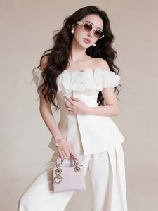 French Elegance Fashionable Off-Shoulder Ruffled Top and Palazzo Pants Set