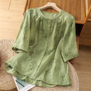 High-End Chinese Style Bamboo Leaf Print Linen Shirt Young Style Half Sleeve Womens Summer Casual Loose Fit Button up Top