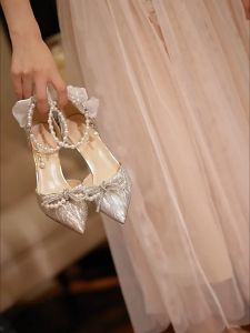 Pointed Sandals Heels for Women Party Shoes: 3inch Stiletto High Heels Fashion Bowknot Butterfly Korean Style Silver Pumps Glitter Fairy Heels Stylish Aesthetic Sandals for Wedding Graduation Girls Elegant Classy Coquette Shoes Heels Footwear Walking