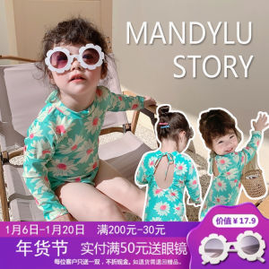 Cute Childrens One-Piece Swimsuit Long Sleeve Girls Thermal Bath Suit Summer Sunscreen Baby Swimwear New 2025 Style