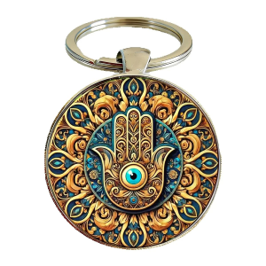 1PC Vintage Hamsa Hand & Evil Eye Keychain Blue Gold Green Mandala Hindu Decor Glass Dome Metal Unique Charms for Yoga Lovers