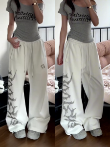 American Retro Heavyweight Letter Rhinestone White Sweatpants Women Casual Sports Long Pants Loose Lazy Straight Leg Pants
