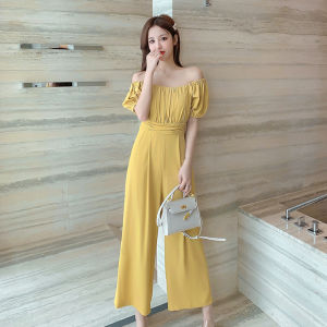 Summer French Style One-Piece Dress Womens Elegance Shoulder Exposure Chiffon Wide Leg Jumpsuit Set High Waist Commute Lady