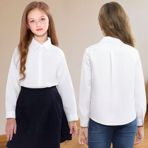 Áo Sơ Mi Dài Tay Màu Trắng Cho Bé Gái Từ 8-14 Tuổi Kiểu Dáng Thường Ngày Thích Hợp Cho Trường Học Lễ Tốt Nghiệp Sinh Nhật Đám Cưới Chất Liệu Microfiber Màu Trơn Cổ Sơ Mi.