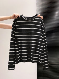 เสื้อยืดคอกลมแขนยาวผู้หญิงฤดูใบไม้ร่วง 2025 ทรงหลวมสบายๆ ลายทาง ความหนาปกติ ระบายอากาศได้ดี สวมใส่สบาย