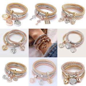3Pcs Fashion Heart Bracelet Set For Women Crystal Owl Lock Key Music Sign Butterfly Elephant Charm Bangle Party Jewelry Gift