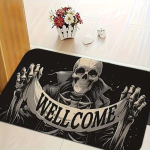 VIKAMA Gothic Skeleton Welcome Doormat Spooky Skull Non-Slip Floor Mat Entryway Front Door Halloween Dark Home Decor