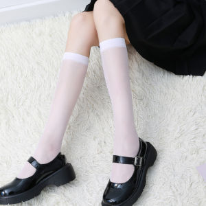 Langsha Womens Mid-calf Socks Thin Transparent Black White JK Summer Socks Beauty Leg Shaping Pure Color Simple Style