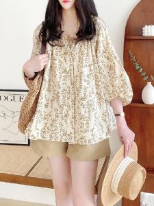 French Style Sweet V-Neck Lantern Sleeve Floral Cotton Linen Womens Shirt Summer 2025 New Arrival Angelic Hargrave Loose Fit