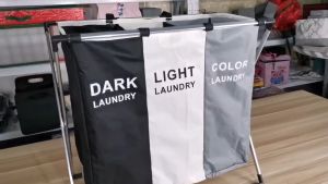 135L Laundry Basket Cloth Hamper Sorter Basket Foldable 3 Sections with Aluminum Frame 68×60×38CM Washing Storage Dirty Clothes Bag