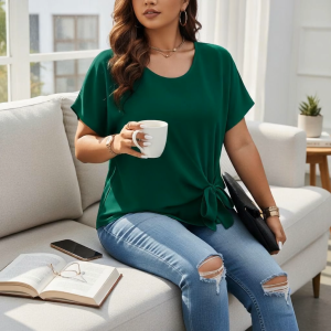 Janeth Plus Size Knot Side Batwing Sleeve Blouse | Casual Scoop Neck Top for Women (S-3XL)