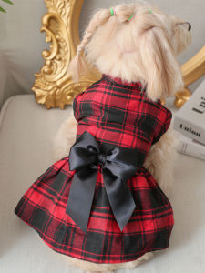 245 a Red Large Checkered British-Style Bow Dress Suitable for Wearing at Parties and Christmas Celebrations