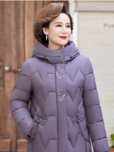 Loose Fit Duck down Cotton Jacket for Middle-Aged And Elderly Women Fashionable Large Size Winter Coat with Hood Embroidery