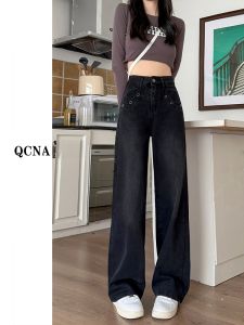 High-Waist Wide-Leg Black Denim Pants for Women with Buttoned Zipper Anti-Wrinkle Cotton Viscose Polyester Blend for All Seasons