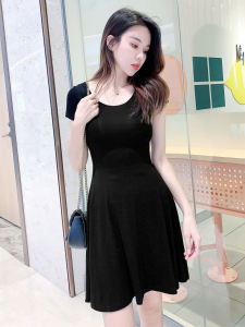 2025 Summer New Style Short Sleeve Modal Dress Slim Fit round Neck Black Dress Hepburn Style Womens Skirt High Waist Swing Skirt
