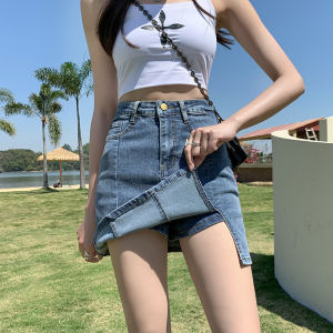 High Waist Denim Mini Skirt Womens Spring Summer New Style Elastic Bodycon Short with Lining A-Line Skirt Open Slit
