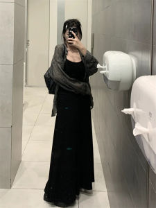 175 Tall Long Black Camisole Dress Womens Summer Silm Sleeveless French Style 180 Slim Looking Black Dress